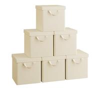 WOLTU Fabric Storage Boxes Set of 6, Folding Baskets with Lids, Handles, Metal Frame, Wardrobe Toy Organisers for Bedroom, Office, Living Room, Cream, 33x33x31.5cm
