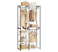 WOLTU Heavy Duty Clothes Rail, Sturdy Adjustable Garment Rack with 4 Tiers Shoe Rack Light Oak Shelves Clothing Organizer Storage Black Metal Construction SR0062hei