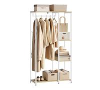 WOLTU Metal Clothes Rail,Heavy Duty Wardrobe Organizer,Clothes Closet with 4 Tiers Shoe Rack, White Coat Rack Stand Oak Wood Storage Shelves SR0047whe
