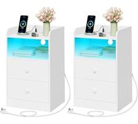 WOLTU Set of 2 Bedside Tables with Charging Station & LED Lights, 2 Sockets & 2 USB Ports, Bedside Cabinets with 2 Drawers and 1 Open Compartment, Chest of Drawers Nightstands for Bedroom, NTS07ws-2