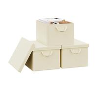WOLTU Storage Boxes Set of 3, Storage Baskets, Storage Cubes with Handles and Lid, Fabric Folding Baskets for Shelves in Bedroom, Study, Children's Room, with Metal Frame, Cream, 43x26x33 cm