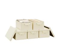 WOLTU Storage Boxes Set of 5, Storage Baskets, Storage Cubes with Handles and Lid, Fabric Folding Baskets for Shelves in Bedroom, Study, Children's Room, with Metal Frame, Cream,48x20x29 cm
