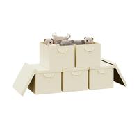 WOLTU Storage Boxes Set of 5, Storage Baskets, Storage Cubes with Handles and Lid, Fabric Folding Baskets for Shelves in Bedroom, Study, Children's Room, with Metal Frame, Cream, 48x30x36 cm