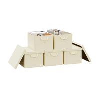 WOLTU Storage Boxes Set of 5, Storage Baskets, Storage Cubes with Handles and Lid, Fabric Folding Baskets for Shelves in Bedroom, Study, Children's Room, with Metal Frame, Cream, 43x26x33 cm