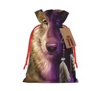 (Wolves And Dream Catchers) Christmas Burlap Gift Bags, Eco-Friendly Polyester Drawstring Pouches For Holiday, Birthday & Party Gift Packaging S