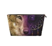 Wolves and Dream Catchers Womens Makeup Bag Leather Travel Toiletry Organizer Wash Bag Cosmetic Pouch with Zipper Girls Handbag Gold