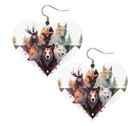 Wolves and Reindeer Prints Stylish Heart-Shaped Earrings Lightweight Women'S Accessories Perfect For Parties And Valentine'S Day.