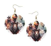 Wolves and Reindeer Round Leather Earrings Gold, Double-Side Printed Drop Dangle Jewelry for Women, for Festival Party Gift