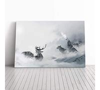 Wolves and Stag Deer Forest Landscape Canvas Print | Gallery Wrapped 30mm Frame Wall Art | 30x20 inches | Ready to Hang | Modern Animals Picture | Living Room Bedroom Lounge Office