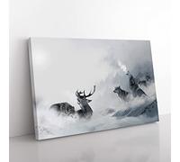 Wolves and Stag Deer Forest Landscape Modern Canvas Wall Art Print Ready to Hang, Framed Picture for Living Room Bedroom Home Office Décor, 50x35 cm (20x14 Inch)