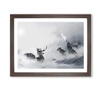 Wolves and Stag Deer Forest Landscape Modern Framed Print | A2 Walnut Framed Wall Art | Ready to Hang | Modern Animal Picture | Living Room Bedroom Lounge Office