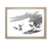 Wolves and Stag Deer Forest Landscape V1 Modern Framed Wall Art Print, Ready to Hang Picture for Living Room Bedroom Home Office Décor, Oak A2 (64 x 46 cm)