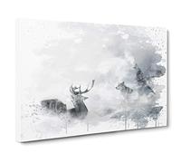 Wolves and Stag Deer Forest Landscape V3 Modern Canvas Wall Art Print Ready to Hang, Framed Picture for Living Room Bedroom Home Office Décor, 30x20 Inch (76x50 cm)