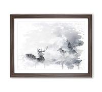Wolves and Stag Deer Forest Landscape V3 Modern Framed Print | A2 Walnut Framed Wall Art | Ready to Hang | Modern Animal Picture | Living Room Bedroom Lounge Office