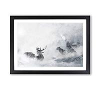 Wolves and Stag Painting Framed Print | A2 Black Framed Wall Art | Ready to Hang | Modern Animal Picture | Living Room Bedroom Lounge Office