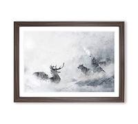 Wolves and Stag Painting Framed Print | A2 Walnut Framed Wall Art | Ready to Hang | Modern Animal Picture | Living Room Bedroom Lounge Office