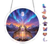 Wolves Aurora Moon Forest Scene 7.8x7.8Inch Round Acrylic Hanging Puzzle | Creative Home Accent with Visual Appeal
