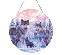 Wolves Family Round Wood Panel Painting 12 Inch Hanging Plaque Rustic Farmhouse Wall Art Home Decor with Rope