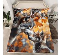 Wolves Fitted Sheet Single 2 Pcs,Jungle Safari Animal Sheets Sets Breathable Bedding(No Top Sheet),Retro 3D Wolf Family Bed Sheet with Deep Pocket,Autumn Rustic Botanical Plants Bed Cocer