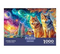 Wolves Gaze at Colorful Celestial Landscape 1000-Piece Jigsaw Puzzle Cool Wolf Perfect for Men, Women, Elders & Seniors 70x50cm/1000pcs