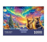 Wolves Howl Under Aurora, Cozy Cabins Nearby 1000 Piece Jigsaw Puzzle Cool Wolf Perfect Birthday Present for Kids & Adults 70x50cm/1000pcs