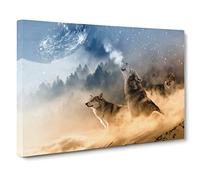 Wolves Howling at the Moon Forest Landscape Canvas Print | Gallery Wrapped 30mm Frame Wall Art | 24x16 inches | Ready to Hang | Modern Space Picture | Living Room Bedroom Lounge Office
