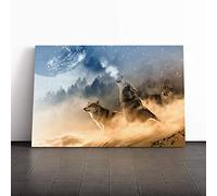 Wolves Howling at The Moon Forest Landscape Canvas Print | Gallery Wrapped 30mm Frame Wall Art | 30x20 inches | Ready to Hang | Modern Space Picture | Living Room Bedroom Lounge Office
