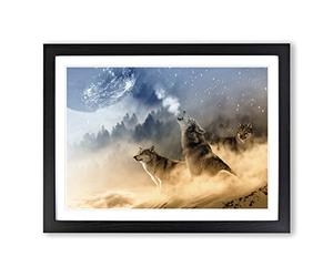 Wolves Howling at the Moon Forest Landscape Modern Framed Print | A2 Black Framed Wall Art | Ready to Hang | Modern Space Picture | Living Room Bedroom Lounge Office