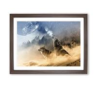 Wolves Howling at the Moon Forest Landscape Modern Framed Print | A2 Walnut Framed Wall Art | Ready to Hang | Modern Space Picture | Living Room Bedroom Lounge Office
