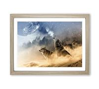 Wolves Howling at the Moon Forest Landscape Modern Framed Print | A3 Oak Framed Wall Art | Ready to Hang | Modern Space Picture | Living Room Bedroom Lounge Office