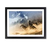Wolves Howling at the Moon Forest Landscape Modern Framed Wall Art Print, Ready to Hang Picture for Living Room Bedroom Home Office Décor, Black A4 (34 x 25 cm)