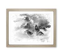 Wolves Howling at the Moon Forest Landscape V4 Modern Framed Print | A3 Oak Framed Wall Art | Ready to Hang | Modern Space Picture | Living Room Bedroom Lounge Office