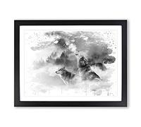 Wolves Howling at the Moon Forest Landscape V4 Modern Framed Wall Art Print, Ready to Hang Picture for Living Room Bedroom Home Office Décor, Black A4 (34 x 25 cm)