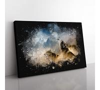 Wolves Howling In The Forest Paint Splash Modern Art Canvas Wall Art Print Ready to Hang, Framed Picture for Living Room Bedroom Home Office Décor, 76x50 cm (30x20 Inch)
