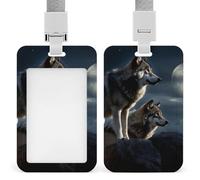 Wolves in The Moonlight Badge Holder with Lanyard - Waterproof Hard Plastic ID Card Holder Professional Name Tag Vertical ID Card Name Badge for Office Nurse Doctor Teacher