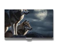 Wolves In The Moonlight Business Card Holder, Slim Aluminum Alloy Card Case, Pocket Name Card Organizer Holder Wallet for Woman, Man, Pocket Or Bag Storage, Office Workers