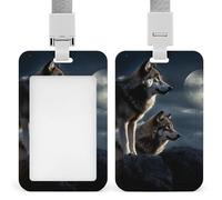 Wolves in The Moonlight ID Badge Holder with Lanyard - Hard Plastic ID Card Holder Waterproof Name Tag Holders, Heavy Duty Badge Reel Vertical Card Protector for Office Nurse Teacher