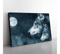 Wolves In The Moonlight Modern Art Canvas Wall Art Print Ready to Hang, Framed Picture for Living Room Bedroom Home Office Décor, 76x50 cm (30x20 Inch)