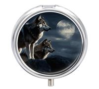 Wolves in The Moonlight Pill Box 3 Compartment Portable Travel Pill Case with Mirror Round Metal Medicines Storage Container Pocket Medicine Box to Hold Vitamins Fish Oil