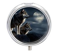 Wolves in The Moonlight Pill Box Portable Mini Travel Pill Organizer Holder 3 Compartment Decorative Round Pills Case Exquisite Daily Vitamin Container for Cod Liver Oil