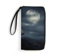 Wolves In The Moonlight Printed Wallets Zip Around Wallets Leather Long Wallets for Men And Women Credit Card Holders with Cord, Essential for Travel, Office And Shopping