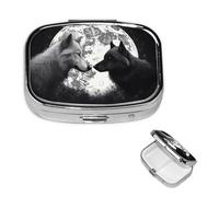 Wolves Love Under The Moon Wild Animal Pill Box 2 Compartment Square Portable Pill Case for Pocket or Purse Pill Holder Weekly Pill Organizer Decorative Metal Medicine Vitamin Organizer Travel Gift