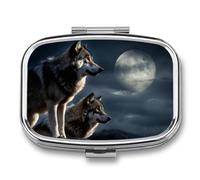 Wolves Moonlight Pill Box 2 Compartments Portable Travel Pill Case Mini Medicine Organizer for Pocket Purse Metal Waterproof Medicine Container Holder Vitamin Fish Oil