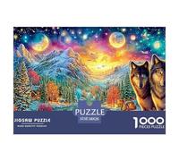 Wolves, Moonlit Mountain Village at Night 1000 Piece Jigsaw Puzzle Cool Wolf Perfect Birthday Present for Kids & Adults 38x26cm/1000pcs