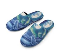 Wolves Northern Light Moon Flannel Men's Slip-on Slippers Soft Warm House Shoes Cotton-Lining Rubber Sole for Home Hotel 47-48_（13-14）