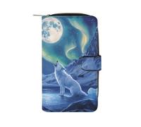 Wolves Northern Light Moon PU Leather Wallet Cloth with 12 Card Holder Handbag Long Clutch for Men Women