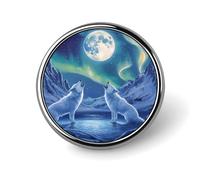 Wolves Northern Light Moon Round Badge Pin Metal Memorial Brooch Button Lapel Pins for Backpack Wedding