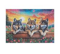 Wolves on Fence with Red Moon And Sun 300 Pc Classic Jigsaw Puzzle Puzzle for Adults Hard Challenging Hobby Home Decor Poster Eco Friendly Material 300 PCS