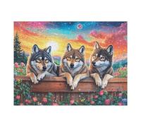 Wolves on Fence with Red Moon And Sun 500 Piece Jigsaw Puzzle for Adults Teens Post Work Wind Down Mind Calming Whimsical Design for Friends 500 PCS