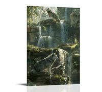 Wolves on The Stones by The Waterfall Canvas Poster Wall Art - Modern Wild Animals Landscape Prints, Stylish Decor for Bathroom Living Room Study Space 08x12inch(20x30cm)